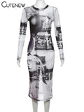 Women's Elegant Printed O-neck Patchwork Maxi Dress Full Long Sleeves Body-shaping Robe Lady Evening Attirewear Vestidos-Outfit