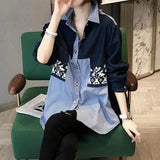 Loose Polo-Neck Shirt Women's Clothing Printed Striped Casual Single-breasted Spring Autumn Korean Patchwork Blouse-Outfit