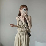 Version Of Summer Sling Suit Vertical Collar Lace Pleated Blouse Tea Is A Complete Set Of Elastic Wide-Leg Trousers-Outfit