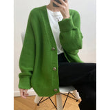 Women's V-Neck Knit Cardigan 2022 Autumn Loose Long Sleeve Green Sweater