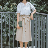 Vintage Cotton Skirts Women 2020 Spring High Waist Soft Ladies Long Skirt Korean Bow-knot Pleated Midi Skirt