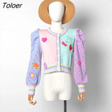 2023 Fall Women Cute Pattern Embroidery Cardigan Sweater Single-Breasted Long Sleeve Crop Outerwear Christmas