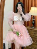 Sweet Sexy Dress Women Summer Pink Party Mini Dresses Female Designer Chic Bow Princess Korean Fashion Dress 2022