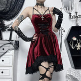Halloween Dark Suede Tie Waist Dress Sexy Lace Suspender Skirt Woman-Outfit