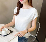 Silk Knitted Women Loose 2025 Summer New Gray Top Collar Thin Short-Sleeved T-Shirt