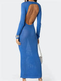Sexy Women Summer Autumn Party Long Dress Solid Round Neck Long Sleeve Backless Knitted Dress Female Vestido Clubwear-Outfit