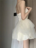Party Dresses Women Mesh Lace Patchwork Slash Neck Strapless Puffy Layered Mini Dress Elegant Ladies Backless White-Outfit