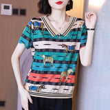 for Women 2023 Printed Short Sleeve Summer New V-neck Striped Fashion Tees Pullover Casual Elegant Tops-Outfit