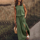 2025 Summer Women's Fashion Trend Retro Round-Neck Sleeveless Forked Solid Color Two-Piece