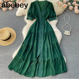 Women Elegant French Dress Sweet Puff Sleeve V Neck Single Breasted A-line Dresses Summer Casual Streetwear Midi Dress
