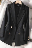 Temperament Women Blazer Coat Vintage Long Sleeve Elegant Casual Double Breasted Vintage Office Chic Tops