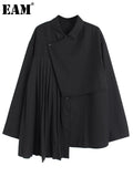 Women Black Irregular Pleated Big Size Blouse New Lapel Long Sleeve Loose Fit Shirt Fashion Spring Autumn 2023 1DE7242 618-1-Outfit