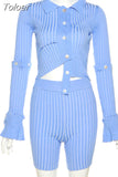 Brown Striped Knitted Sweater Matching Sets Trending Clothes for Women Pants Suit Sexy Two Piece Shorts Set