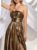Women's Clothing Hanging Neck Dress Sexy Evening Dress Forked Sleeveless Gold Showback