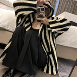 Autumn Winter Striped Sweaters Female Clothing Casual Long Sleeve Korean Loose Stylish Hooded Pockets Knitted Cardigan-Outfit
