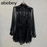 Temperament Fold Pleated Mini Dress For Women V Neck Puff Long Sleeve High Waist Button Slim Mesh Dresses Female 2021