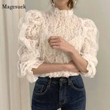 Style Stand Collar Lace Mesh Blouse Women New Long Sleeve Elegant Fashion Lady Solid Tops Sweet Clothing Blusas
