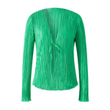 Women Solid Color Striped Cardigan Shirts Long Flare Sleeve Lace-up Deep V Neck Ruffled Tops Casual Party Slit Blouse-Outfit