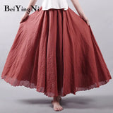 Linen Cotton Vintage Skirt Women Solid Beach Boho Pleated Maxi Skirts Summer Fashion Retro Elastic Waist Saia