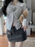 for Women 2023 Blusas Mujer De Moda Chic 3D Floral Striped Tunic Fashion Shirts Irregular Long Sleeve Blouses Crop Tops-Outfit