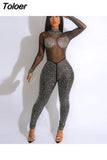 Rhinestone Sparkling Jumpsuit Women See Thorugh Mesh One Pieces All Black Luxury Party Clubbing Outfits