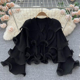 Spring Autumn Women Irregular Ruffle Draped Tops Female Elegant V-Neck Flare Long Sleeve Short Tops Vintage Blouse New Blusas 703-0-Outfit