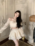 Two Piece Set Women Slash Neck Drawstring Flower Blouse Halter Shirts High Waist Puffy Layered Mini Skirts Solid Crop Top-Outfit