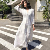Lace Elegant Women's Dress Spring Hollow Button V Neck Lantern Sleeve White Long Dresses Boho Casual Holiday