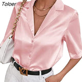Sleeve Satin Blouse Women 2023 Summer Notched White Silk Shirt Elegant Office Lady Simple Button Up Casual Shirts