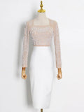 Patchwork Beads Two Piece Sets For Female Square Collar Long Sleeve Cropped Top With High Waist Skirt Women's