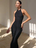 Summer New Knitted Neck Sleeveless Long Dress Solid Color Tight Sexy Bare Back Dress