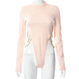 Metal Chain Bodycon Bodysuit O Neck Long Sleeve Solid Black Women Autumn Fashion Sexy Slim Female Jumpsuits