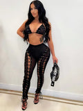 Summer Streetwear 2 Two Piece Set Women Outfits Halter Backless Crop Top Bandage Pants Suits Hollow Out Mesh Matching