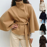 Women's Autumn And Winter New Fashion Pure Color Cape Collar Collar Belt Wind