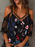 Neck Lace Patchwork Floral Print T-shirt Off-the-shoulder Sexy T Shirt Tee Short Sleeves Fashion Casual Loose Women Tee