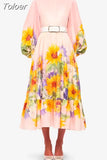 Ruched Print Slim Dresses For Women Stand Collar Long Sleeve High Waist Spliced Belt A Line Midi Dress Female Summer
