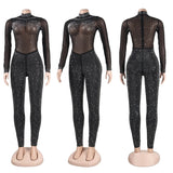 Rhinestone Sparkling Jumpsuit Women See Thorugh Mesh One Pieces All Black Luxury Party Clubbing Outfits