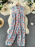 Vintage Print Jumpsuits Autumn Turn Down Collar Sleeveless Rompers Korean Chic Streetwear Wide Leg