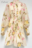 Ruched Slim Print Dresses For Women Stand Collar Long Sleeve Spliced Lace Up A Line Mini Dress Female Casual Spring