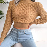 Sexy Cropped Sweater Women Autumn 2023 Long-sleeve Knitted Sweater Pullovers Hollow Out Elegant Solid Female Sweaters