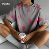 Round Neck Heart-shaped Printed T-shirt 2024 Fashion Hole Design Washed Short-sleeved T-shirt Loose Trendy Summer Top-Outfit