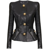 Early Spring New Star Fashion Temperament Snail Metal Button Repair Leather Jacket Jacket