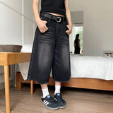 Women Black Y2k Style Baggy Denim Shorts Wide Leg Short Pants Fashion High Waisted Dark Wash Knee Length Jeans Female