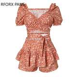 Women Chic Crop Top Gdisty Floral Ruffle Hem Lace Up Short Sleeves Cris Cross Mini Sexy Vacation Short Sets-Outfit