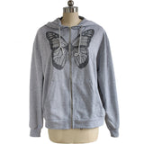 Y2K Fashion Oversized Butterfly Graphic Rhinestone Zip Up Hoodies E-girl 90s Streetwear Diamond Grey Long Jacket Autumn