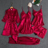 Large-Size Pyjamas Women's Ice Silk Sexy Hot Home Clothes Spring And Autumn Long-Sleeved Thin Bathrobe Five-Piece