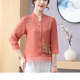 Women's Chiffon Half Sleeve V-Neck Flower Embroidered Pullover T-shirt Button Cardigan Casual Fashion Elegant Spring Summer Tops-Outfit