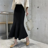 Spring Knitted Mermaid Sweater Skirt Elastic High Waist Women Midi Skirt Solid Ruffle Party Skirts
