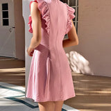 Sleeveless V-neck Solid Women Mini Dress Button Split Ruffles Tunic Ladies Slim Short Dresses 2021 Summer Casual