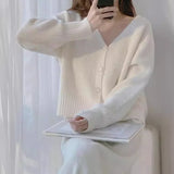 New Soft Breeze Loose Simple College Sweater Short Style Solid Color Soft Waxy V-Neck Knitted Cardigan Girl-Outfit